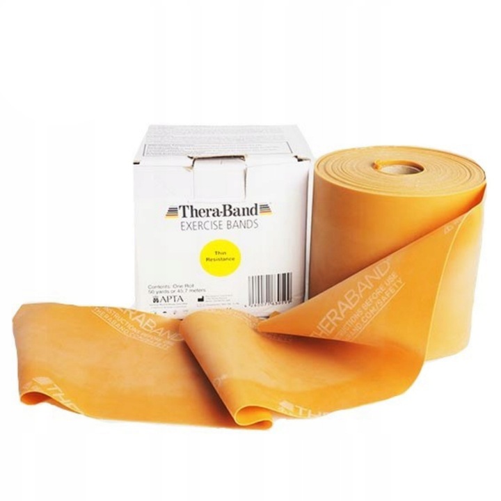 Banda elastica profesionala Thera-Band Aur, rola 45,7 m, rezistenta foarte puternica, pentru exercitii de reabilitare, kinetoterapie, fitness, recuperare medicala si antrenament sportiv de performanta