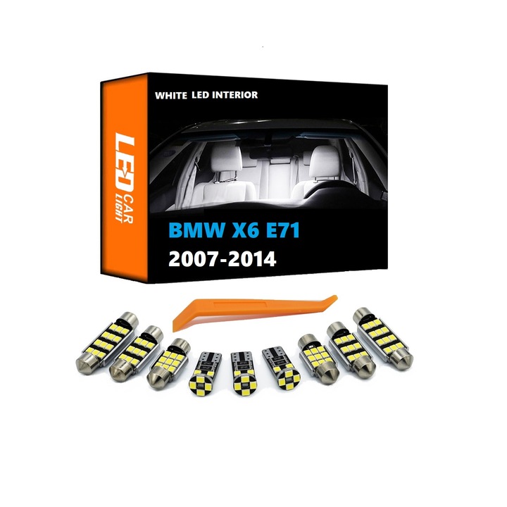 Set 12 Becuri LED Dedicate Auto pentru tot interiorul BMW E71 X6 2007 - 2014, Canbus fara eroare, Alb Xenon, 3W, 50.000 ore functionare
