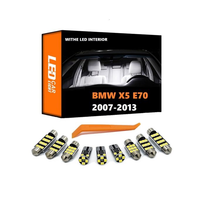 Set 12 Becuri LED Dedicate Auto pentru tot interiorul BMW E70 X5 2007 - 2013, Canbus fara eroare, Alb Xenon, 3W, 50.000 ore functionare