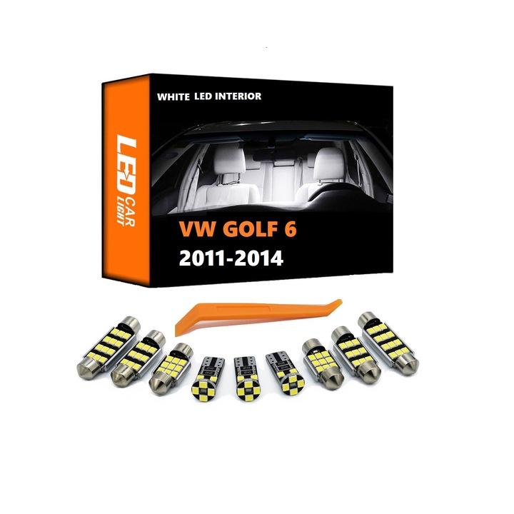 Set 10 Becuri LED Dedicate Auto pentru tot interiorul Volkswagen GOLF 6 2011-2014, Canbus fara eroare, Alb Xenon, 3W, 50.000 ore functionare