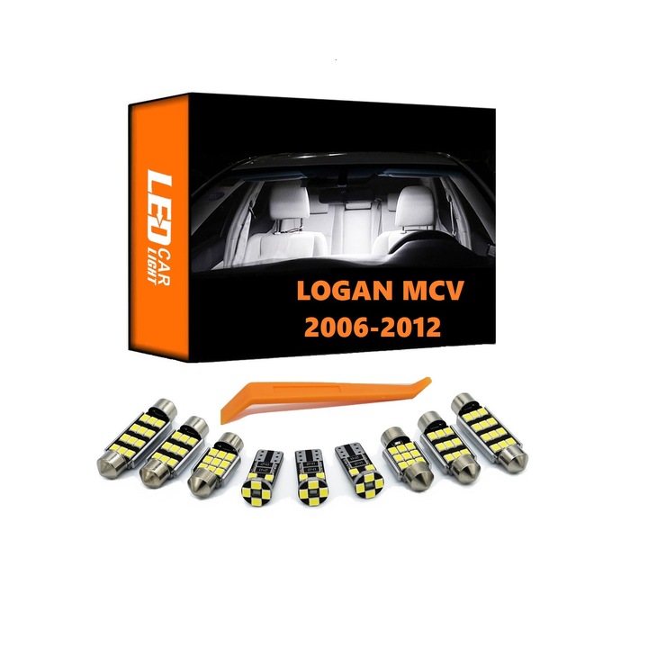 Set 8 Becuri LED Dedicate Auto pentru tot interiorul Dacia Logan MCV 2006 - 2012, Canbus fara eroare, Alb Xenon, 3W, 50.000 ore functionare