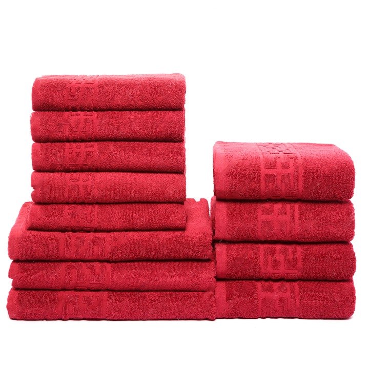 Комплект от 12 кърпи за ръце/лице/тяло, 100% памук, 550 g/m², червени