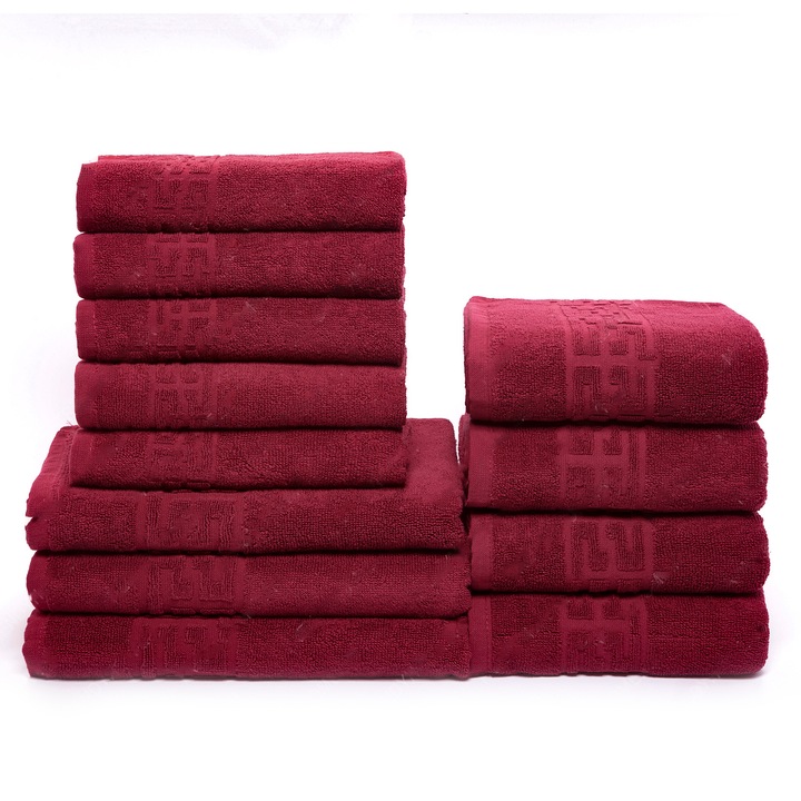 Комплект от 12 кърпи за ръце, лице и тяло, 100% памук, 550 g/m², бордо