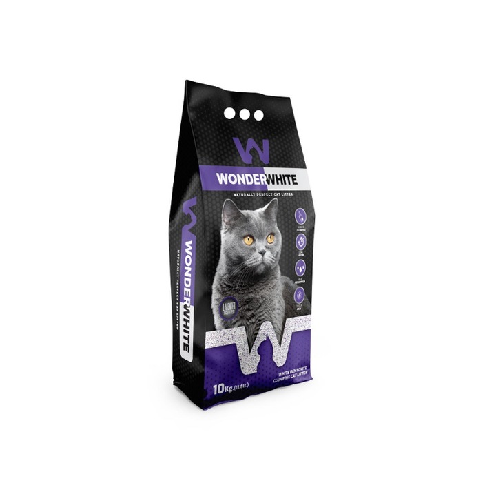 Asternut Pisica Alba EXTRA ALB 10KG cu aroma LAVANDA si Granule Mov