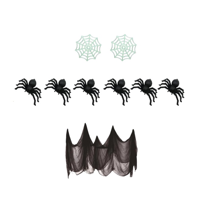 Комплект от 2 мрежи и 6 паяка за Хелоуин Cmjbuhr, полиестер/пластмаса, черен/зелен