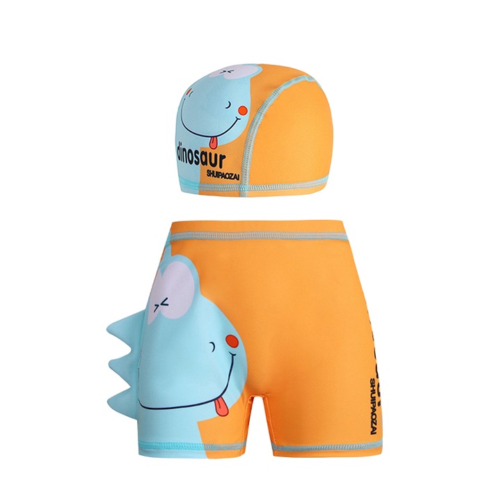 Set pantaloni de baie pentru baieti cu casca asortata, tematica lumea dinozaurilor acvatici, model animale preistorice, EFAYN, Portocaliu