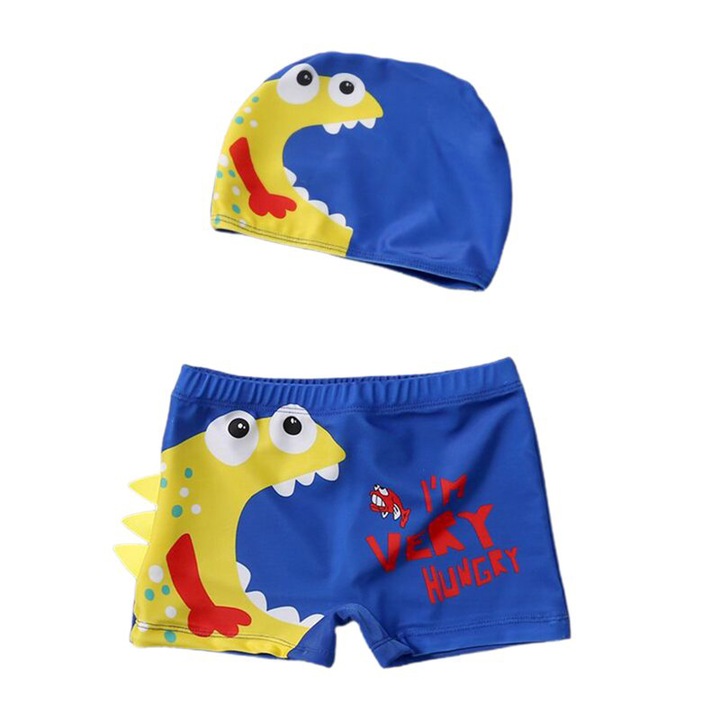 Set pantaloni de baie pentru baieti cu casca asortata, tematica lumea dinozaurilor acvatici, model animale preistorice, EFAYN, Galben/Albastru