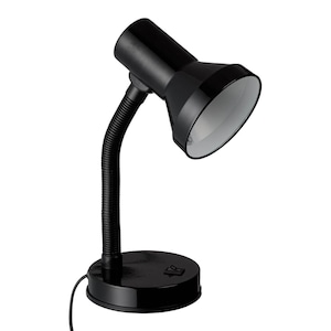 Lampa de birou metalica are un brat flexibil pentru a regla inaltimea si directia luminii unde doriti, buton Pornit Oprit si cablu de alimentare, neagra, ATS