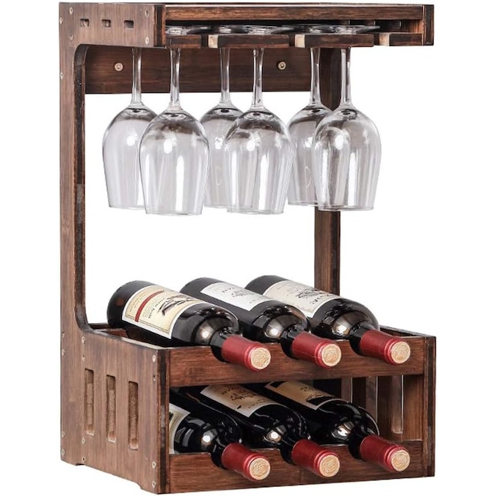Suport sticle de vin si pahare, Elegance Wood, 33x51x26 cm, nuc
