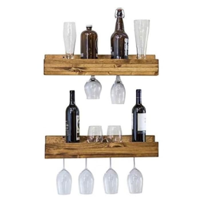 Set 2 rafturi pentru sticle de vin si pahare, Wine Cellar, 50×9.4×13 cm, nuc