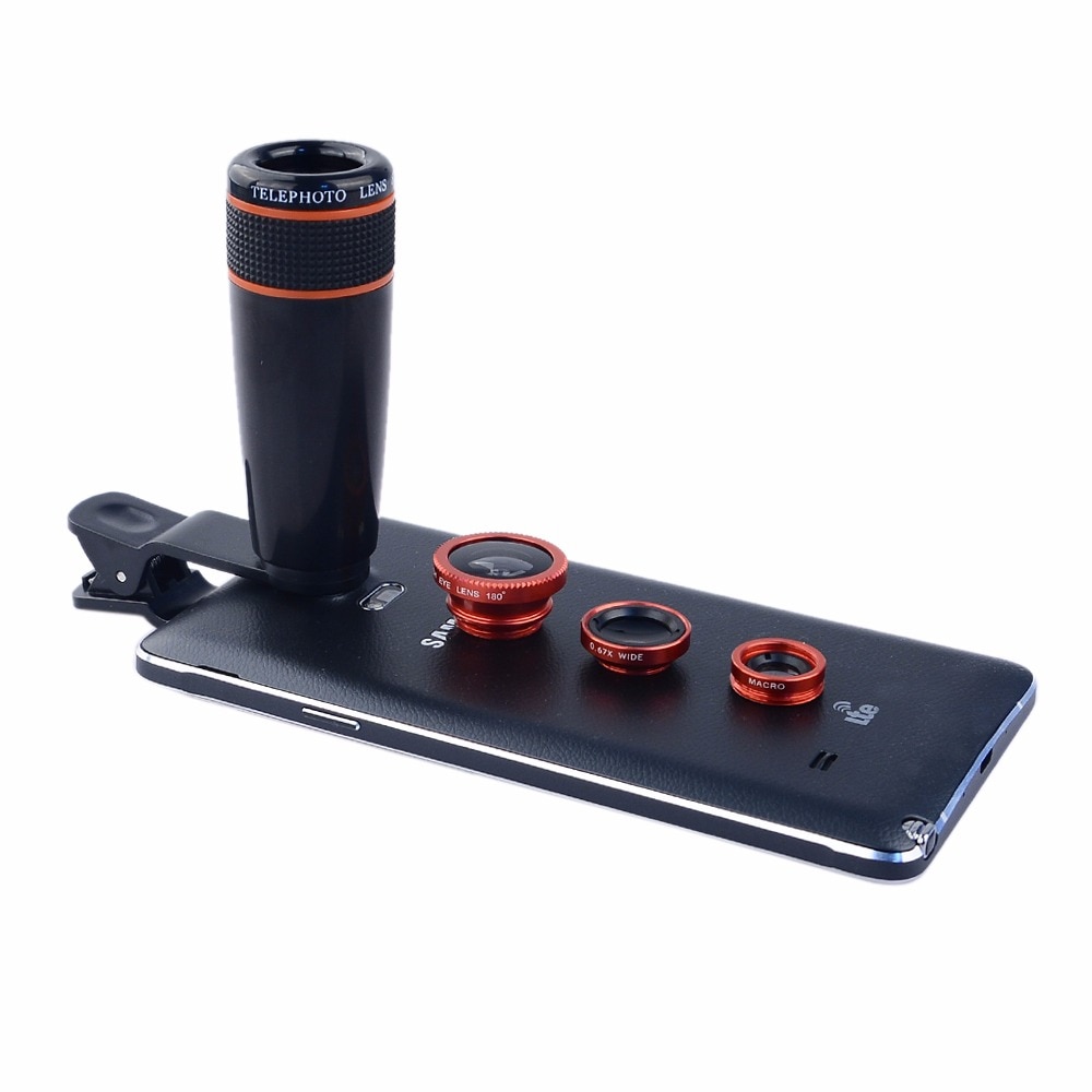 Kit lentile cu Teleobiectiv 12X , Fisheye si Macro RED pentru Iphone, Samsung, HTC, Smartphone sau tablete cu clema de prindere.