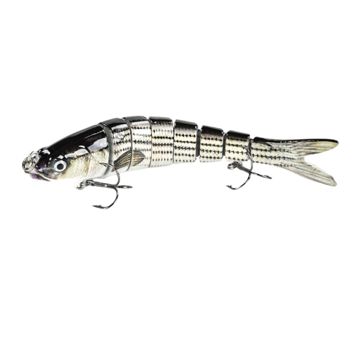 Csuklós wobbler 8 szegmenssel, F144, csuka fogására, süllő, lassan süllyedő, 19,5 g, 14 cm, ezüst