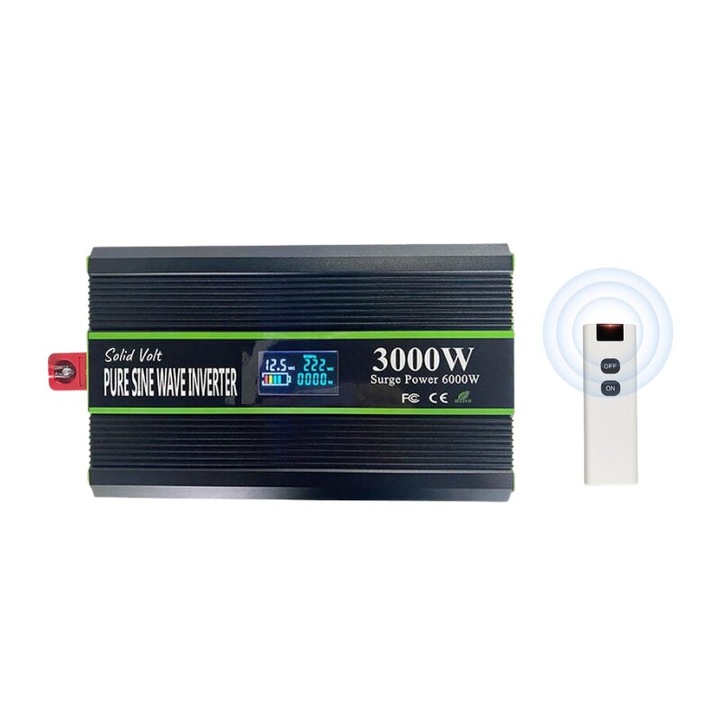 Invertor sinus pur, 3000 W putere continua, unda pura, 24V, auto, panouri solare, rulote, autorulote, cabane, cu telecomanda wireless, Solid Volt