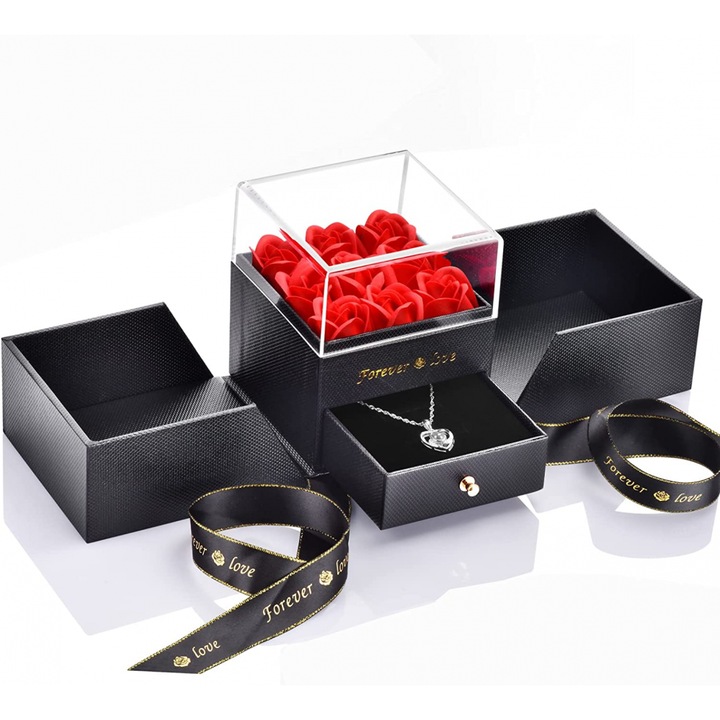 Set de 9 Trandafiri de Sapun si Lantisor cu Te Iubesc in 1000 de limbi, Cutie Forever Love, Rosii