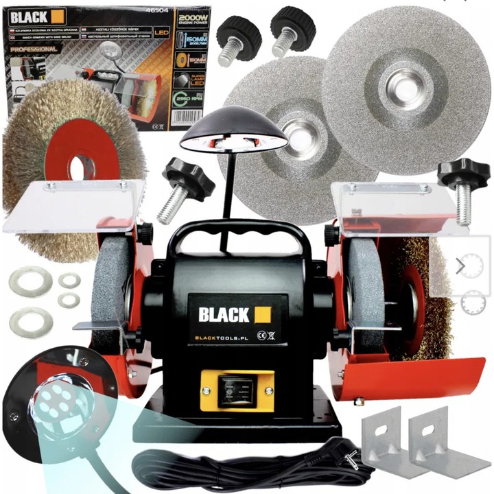 Polizor banc 150mm 2 pietre perie sarma lampa LED (46504)