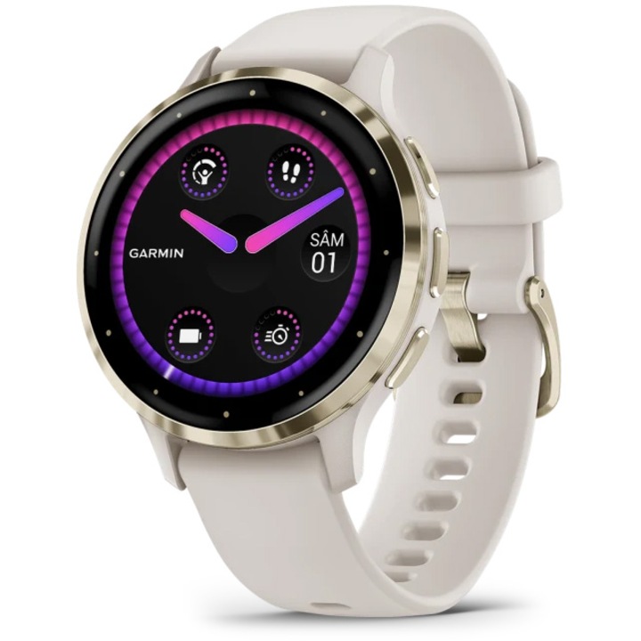 Smartwatch Garmin Venu 3S, GPS, Wi-Fi, curea silicon, Ivory/Soft Gold