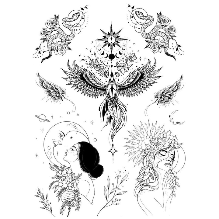 Tatuaj temporar, Flash Tattoos Romania, Reborn Like A Phoenix, rezistent la apa, aplicare rapida, 15x21 cm