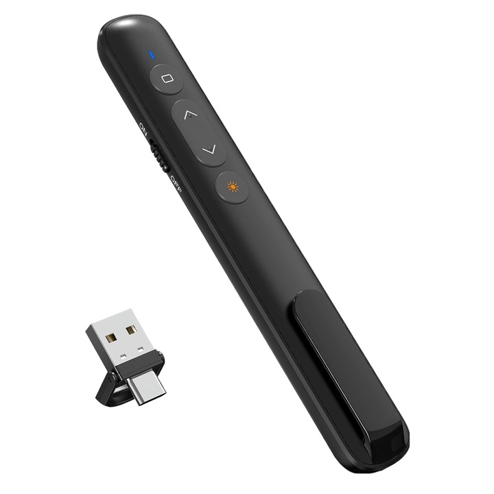 Laser de prezentare wireless cu receiver 2 in 1 USB C si USB A, 2.4 GHz, distana laser pana la 200 m, cu butoane de control volum, pagini, hyperlink