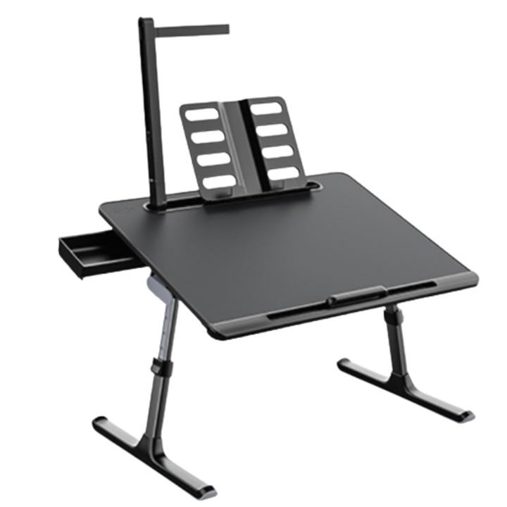 Masuta multifunctionala InfoTouch MyTable 60x45 cm cu lumina LED, suport pentru carti, suport tableta, caseta rechizite, pliabila, reglabila Negru