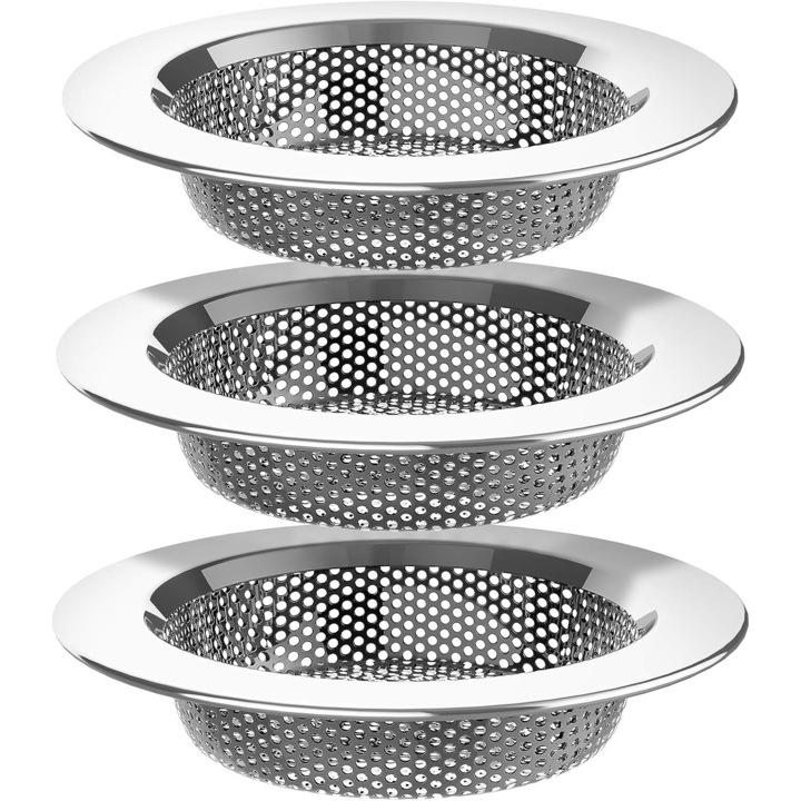 Set 3 Site Chiuveta pentru protectie Scurgere, Otel inoxidabil, enkourakoko®, pentru cada, pardoseala, baie sau bucatarie, 11.3 cm perforare, Argint