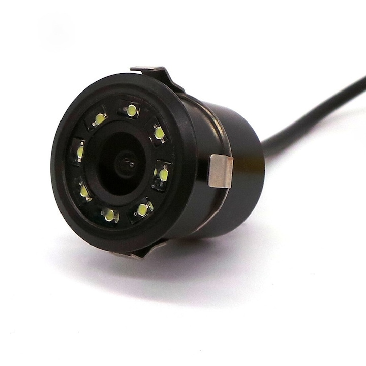 Camera video pentru marsarier si parcare cu montaj in bara de protectie, motoLEDy, LED zi/noapte, unghi vizualizare 170°, IP68, 12V, afisare linii ghidaj, imagine color, activare automata, rezolutie 628x586, dimensiuni Ø20x22mm