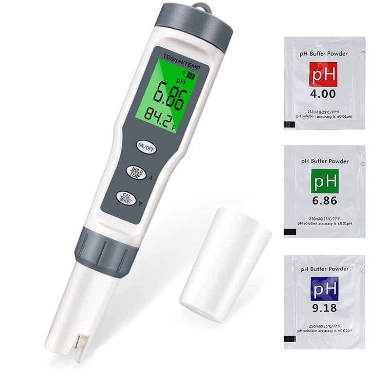 Tester PH, Sunmostar, PH/Temperatura/TDS, Plastic, Alb/Gri