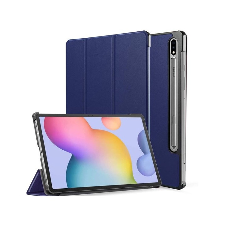 Husa de protectie compatibila cu Samsung Galaxy Tab S7 FE 12.4" T730/T736 2021, book cover cu functie stand si suport pentru pen, culoare albastru