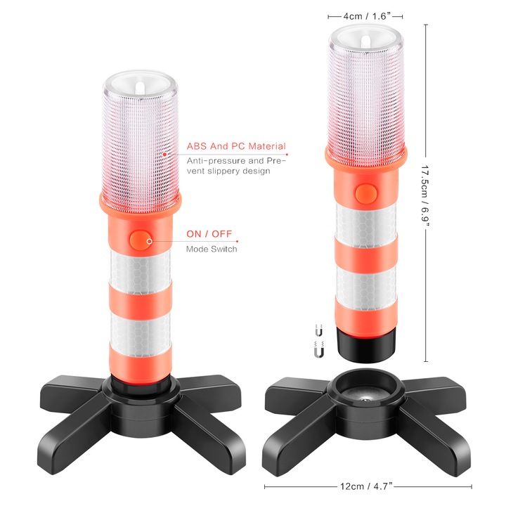 LED figyelmeztető lámpa közúti vészhelyzetekhez, 6 piros LED és 1 fehér LED, többféle üzemmód, hordozható készlet