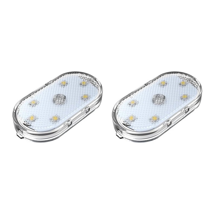 Pachet 2 lumini cu LED-uri pentru interiorul masinii, Sunmostar, Reincarcabile prin USB, 53x27 mm, Alb