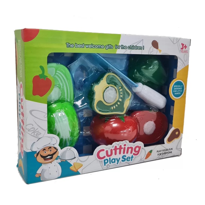 Set de joaca pentru taiat fructe si legume, rosie, ardei, salata verde, 8 piese, 3 ani+