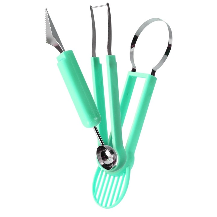 Ustensila bucatarie 4 in 1 pentru taiat si decorat fructe, inox si plastic, 28 cm x 6.2 cm, Verde
