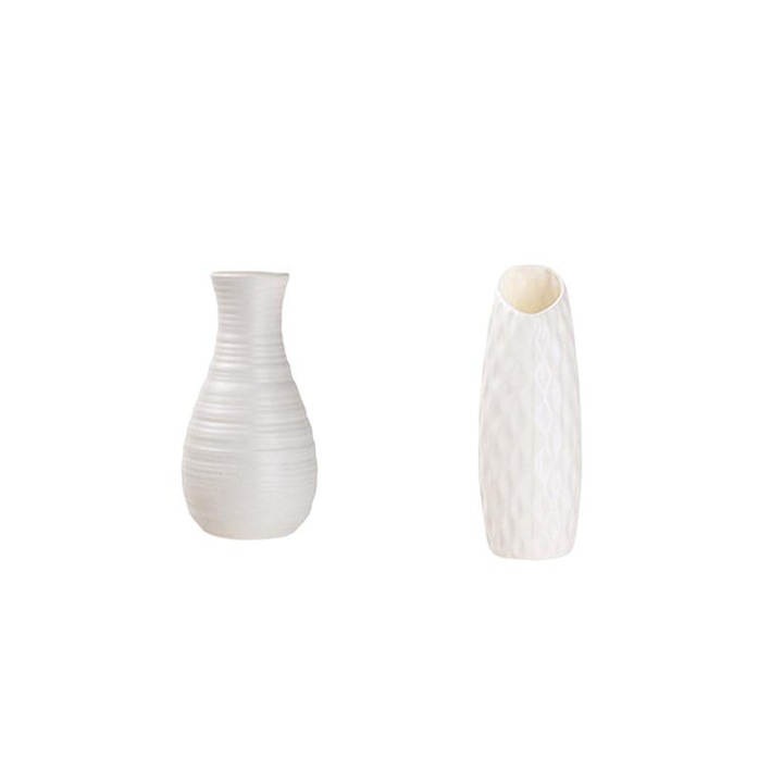Set 2 vaze imitatie de ceramica, Sunmostar, Plastic, 20.5 x 7cm, 21 x 5.5cm, Alb