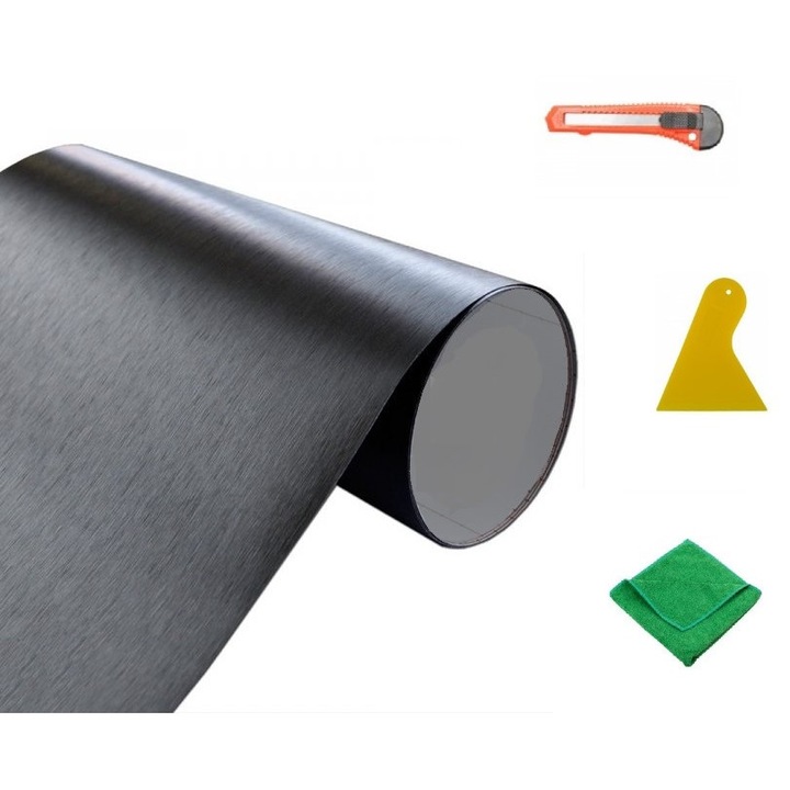Polírozott antracit alumínium öntapadó fólia, 20 cm x 100 cm, légbuborék-eltávolító technológia, Premium, domborműves megjelenés, szerelő szett mellékelve