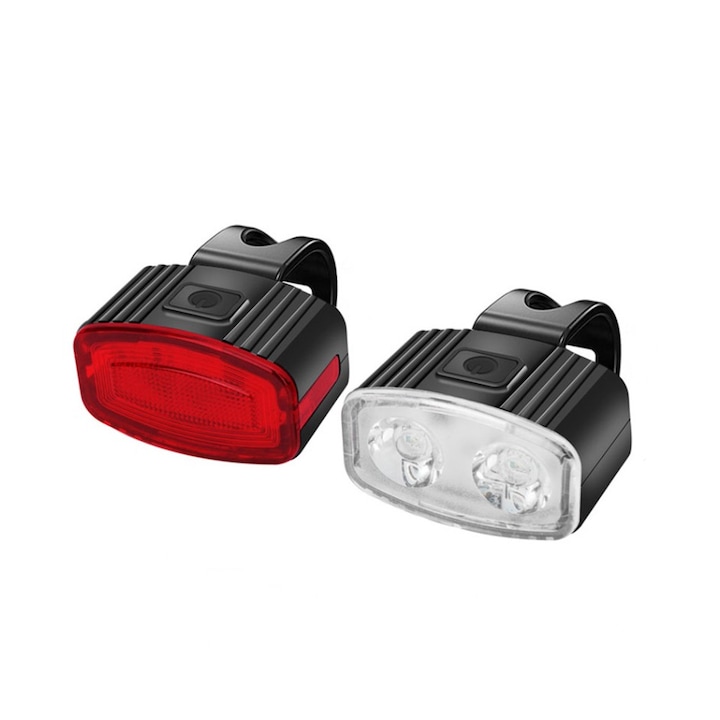 Комплект LED фарове за велосипед и задна спирачка, Flippy, USB зареждане, водоустойчив, 4 режима на светене, Пластмаса, Бял/Червен, 10x6x4 cm