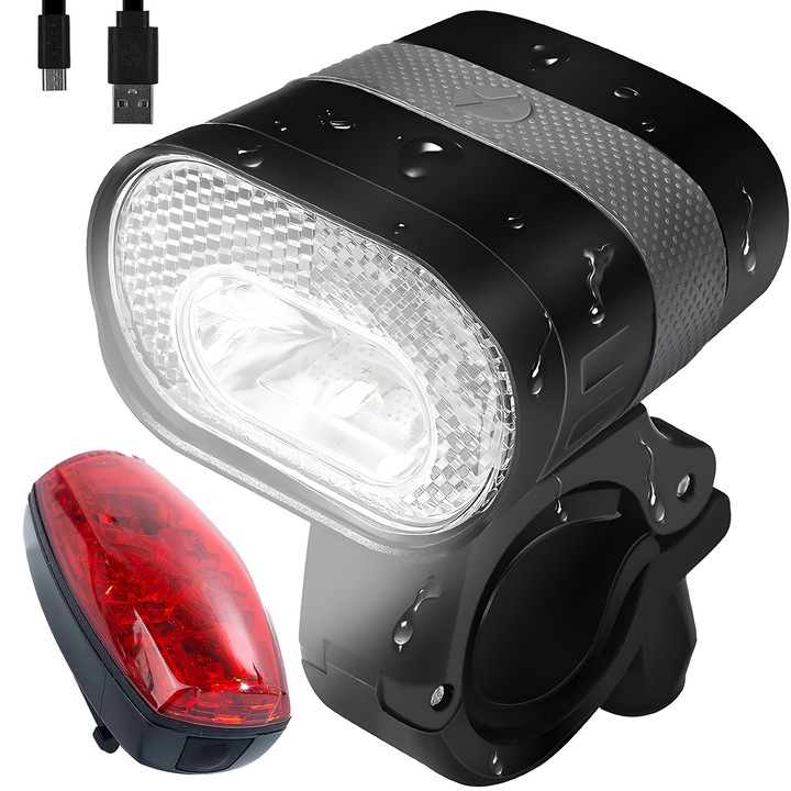 Set Lumini Bicicleta, Far si Stop LED, Super Luminoase, Acumulator Reincarcabil USB, 3 Moduri de Iluminare, Impermeabil, Negru