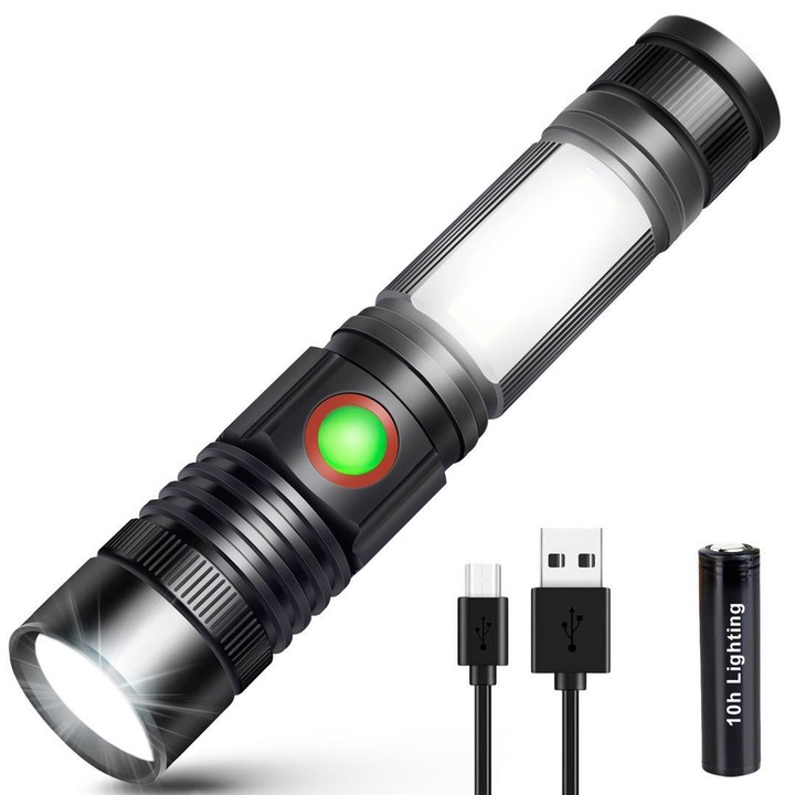 Set Lanterna cu LED + cablu + baterie, Sunmostar, Reincarcabila prin USB, Cu zoom, Baza magnetica, Negru