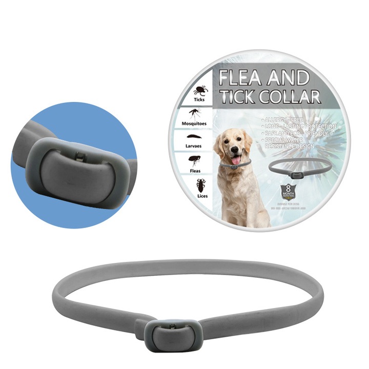 Antiparazita nyakörv kutyáknak, vízálló, 8 hónapos védelem, szürke, 65cm