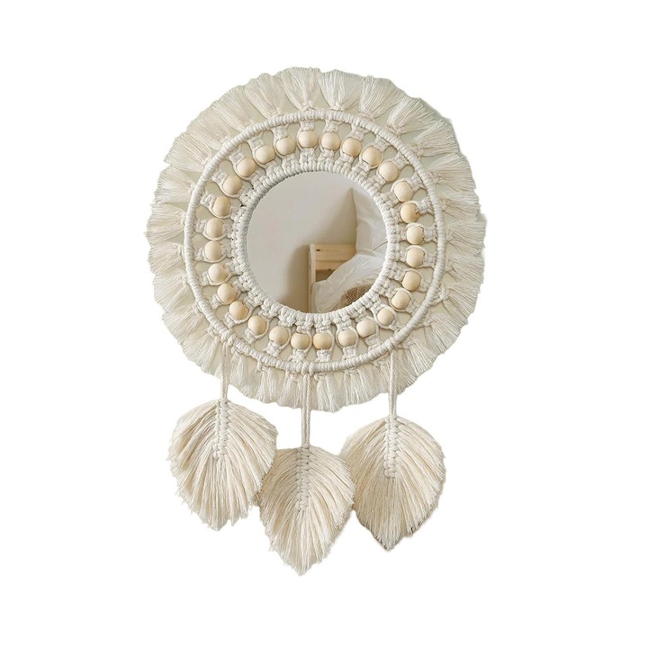 Oglinda de perete Sunmostar, Boho Macrame, 32cm, Bej