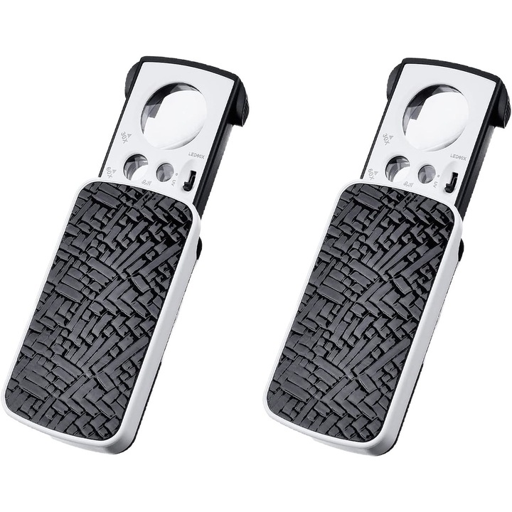 Set 2 lupe de buzunar, Mmgoqqt, iluminare LED, 30X/60X/90X, negru, dimensiuni 25x12x8mm