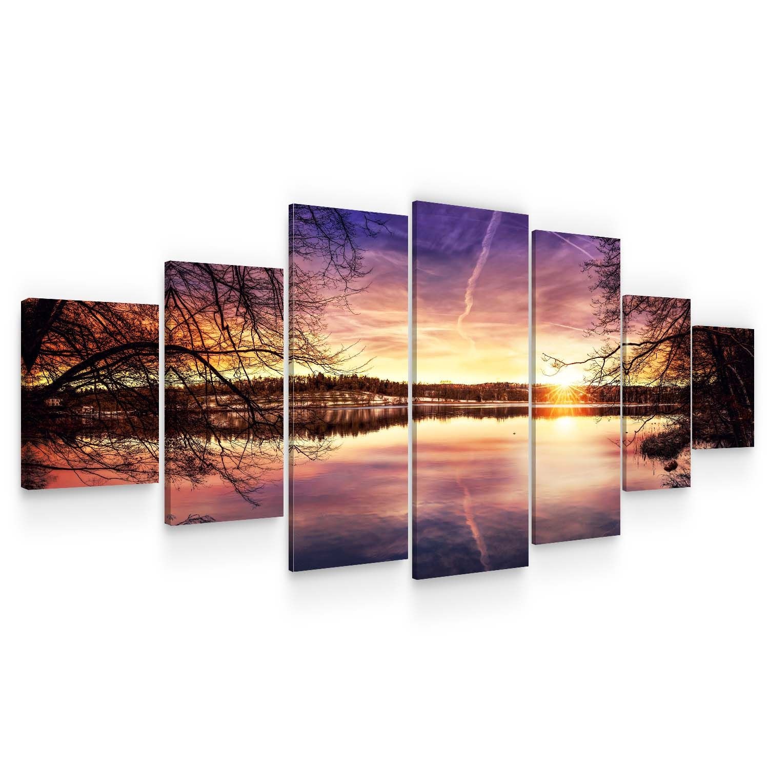 Set Tablou DualView Startonight Apus violet pe lac, 7 piese, luminos in intuneric, 100 x 240 cm