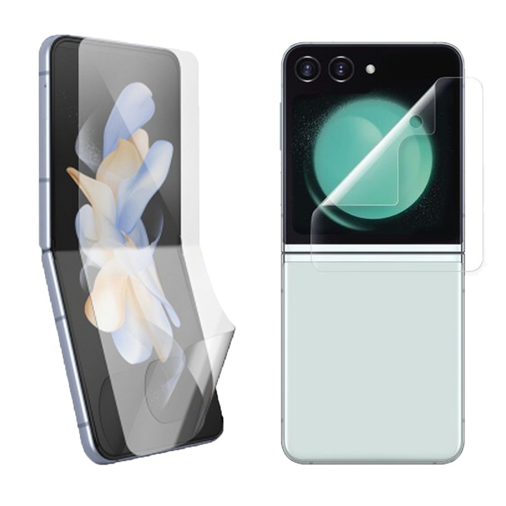 Optim Solution Elite Class Protection Matt szilikon fólia készlet, elő- és hátlapi, Samsung Galaxy Z Flip5 / Flip 5 telefonhoz, Rugalmas hidrokristály, Könnyű telepítés, Regenerálódó, Átlátszó