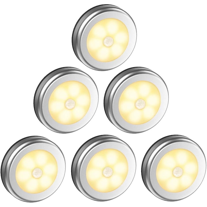 Set 6 spoturi autoadezive Sunmostar, LED, Senzor de miscare, Argintiu