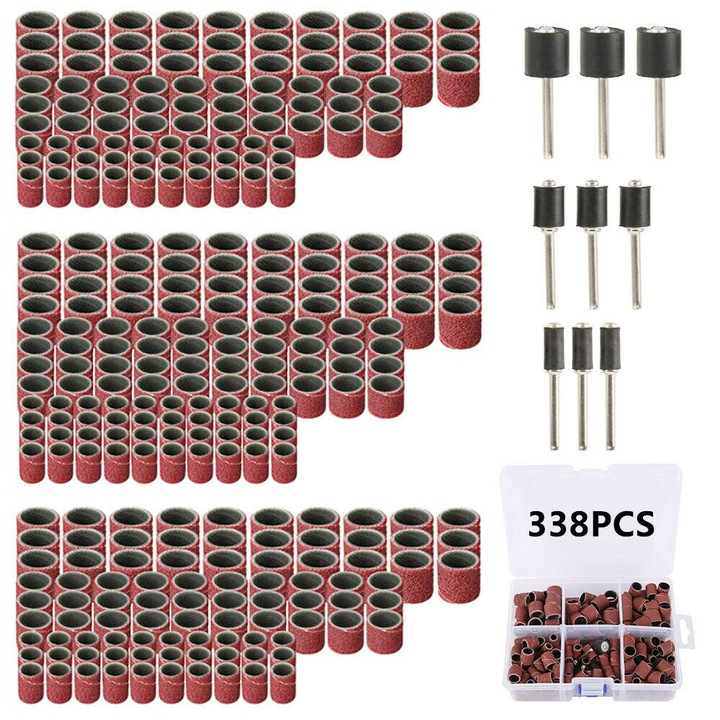 Set de accesorii pentru polizor electric cu inel abraziv, format din 338 de piese - inel abraziv multi-granulatie + tija adaptor, set de scule pentru lustruirea si slefuirea lemnului si metalului