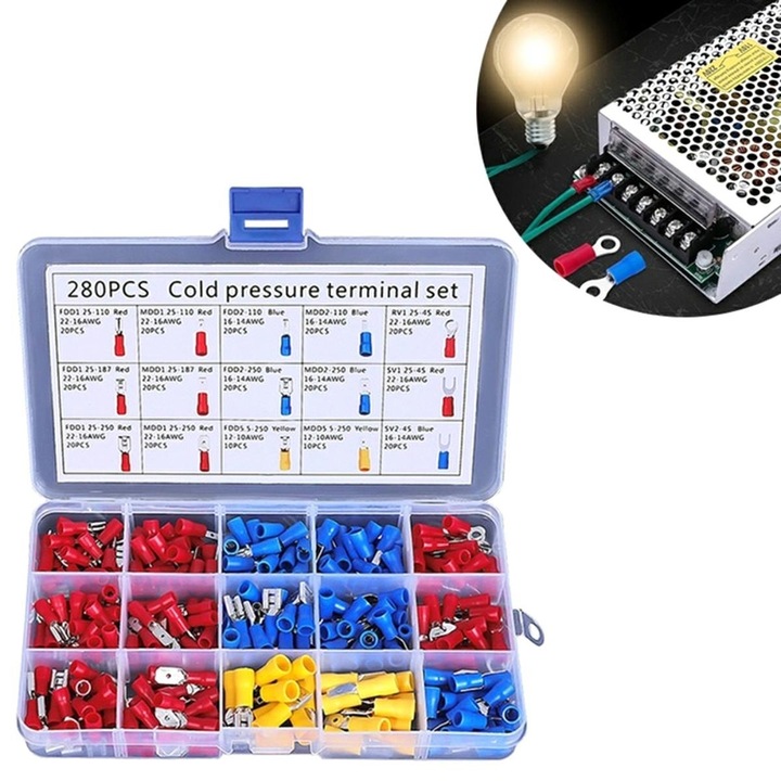 Set 280x conectori de sertizare izolati, 15 tipuri, conector electric izolat pentru automobile