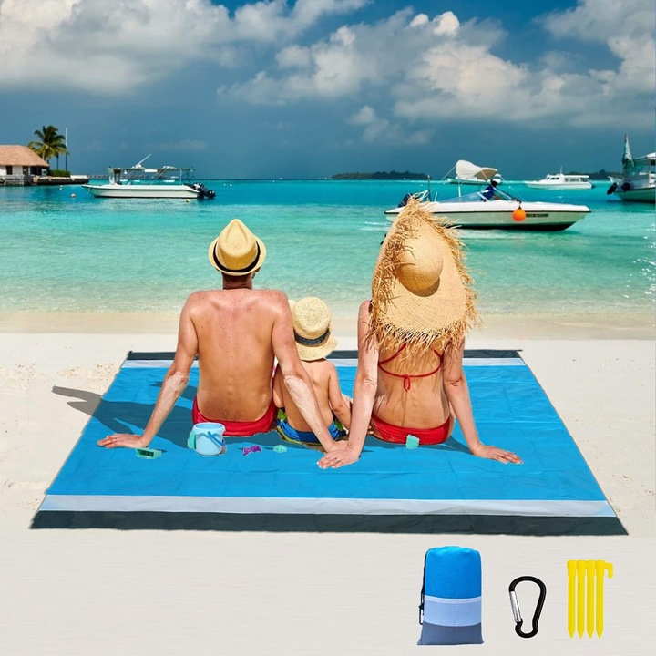 Плажен комплект матрак QttvbTna, водоустойчив, сгъваем, 200x210 см, многофункционален, с чанта за носене и 4 фиксиращи пирона
