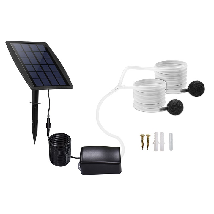 Kit pompa de aer cu energie solara, Sunmostar, pompa de aer, 2,5 W, furtunuri de aer si pietre de aerare pentru iaz de pescuit in gradina