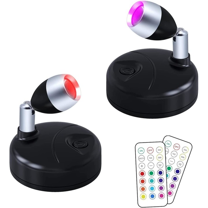 Set 2 aplice LED, Plastic, Control telecomanda, 71 mm, Negru/Argintiu