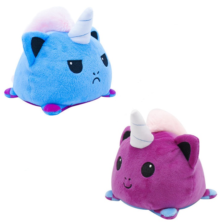 Jucarie reversibila din plus, Unicornul cu 2 fete, fata fericita si fata trista, 14 cm, albastru cu mov