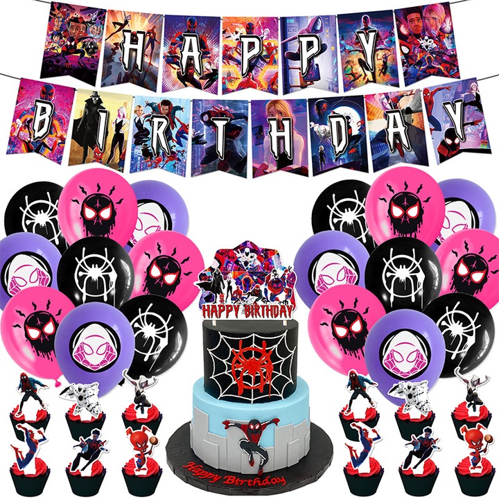 Set 18 baloane copii, Spider-Man, Petrecere Aniversara, Latex, 1 Banner La multi ani, 12 Cupcake Topper, 1 Cake Topper, Multicolor