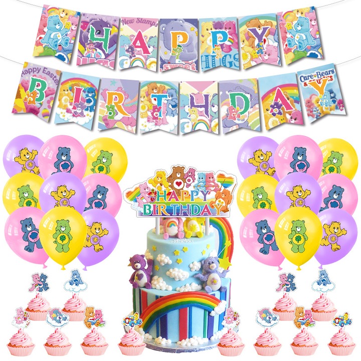 Комплект от 18 детски балона, carebears, парти за рожден ден, латекс, 1 банер Честит рожден ден, 12 топера за кексчета, 1 топер за торта, многоцветен